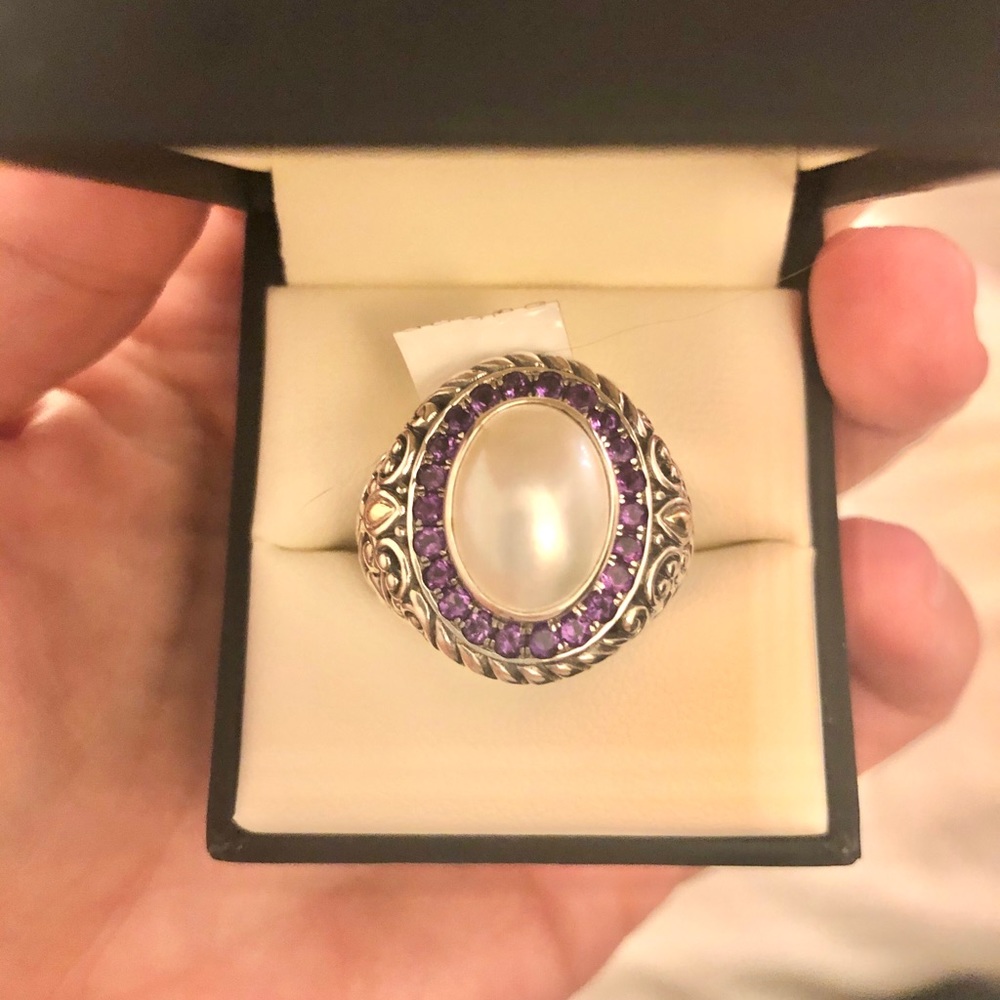 Mabe Pearl and Amethyst 18k SS ring size 7 New